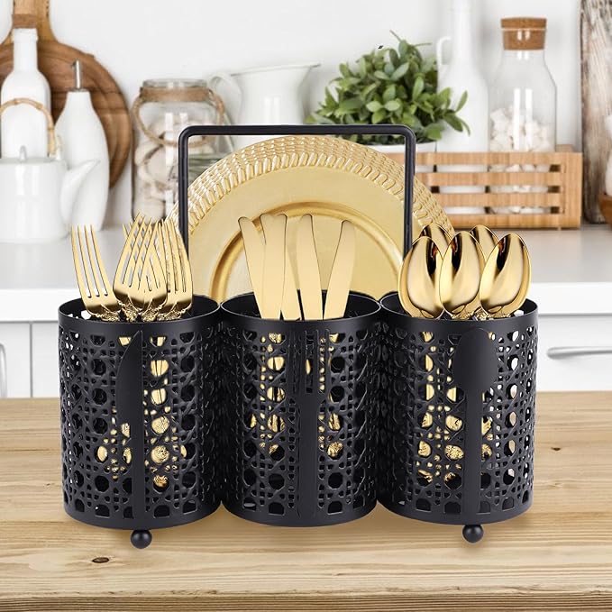 NelyBet Utensil Caddy Silverware Holder Fork Spoon Napkin Paper Plate Organizer Metal Utensil Holder Cutlery Flatware Organizers for Party Kitchen Countertop Camping Picnic - Black Mesh