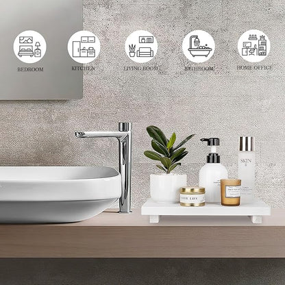 zoocatia Bathroom Counter Organizer Wood Pedestal Stand Farmhouse Decorative Tray Soap Holder for Kitchen Decor, Large 11.8" x 7" - White