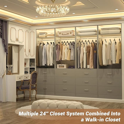 Besiost Closet System Set of 4, 8FT Closet Systems with 12 Wood Drawers, 96" Closet Organizer System with 4 Hanging Rods & 4 Shelves, Heavy Duty 96 Inch Walk-in Closet, Grey (96"L x 15" W x 80" H)