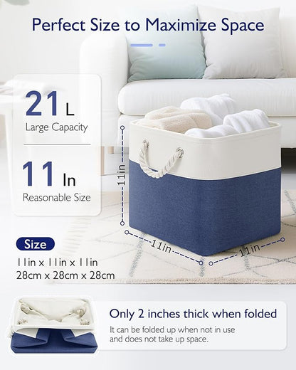 Patvingot 11 Inch Cube Storage Bins, 6 Pack Fabric Storage Cubes with Rope Handles, Organizer Baskets for Closet Shelves, Clothes and Home Organization(White/Blue)