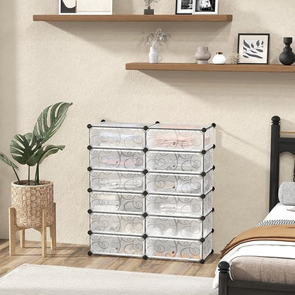 COSTWAY Shoe Rack Organizer, 6 Tier Shoe Shelves with Covers, DIY Design, 24-Pair Stackable Cube Organizer Boxes, Freestanding Shoe Cabinet for Entryway Bedroom Closet Hallway (White)