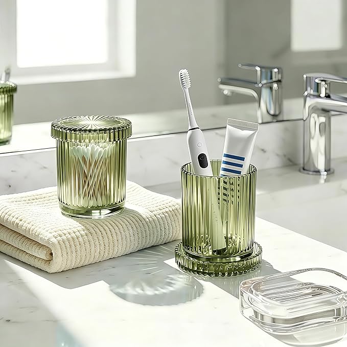 2 Pack Glass Qtip Holder Dispenser Set - Bathroom Organizer for Cotton Swabs, Balls, Pads, Floss Picks - Clear Apothecary Jars for Vanity, Makeup Storage, Bathroom Accessories Decor (Olive Green)