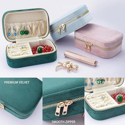 Small Travel Jewelry Case for Women - Plush Velvet Portable Organizer, Holds 20+ Bracelet/Necklace/Earrings/Rings, Giftable Storage Display Box Zipper, Mother/Bridesmaid/Girlfriend Gift (Blue)