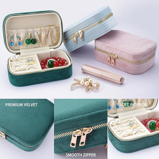 Small Travel Jewelry Case for Women - Plush Velvet Portable Organizer, Holds 20+ Bracelet/Necklace/Earrings/Rings, Giftable Storage Display Box Zipper, Mother/Bridesmaid/Girlfriend Gift (Pink)