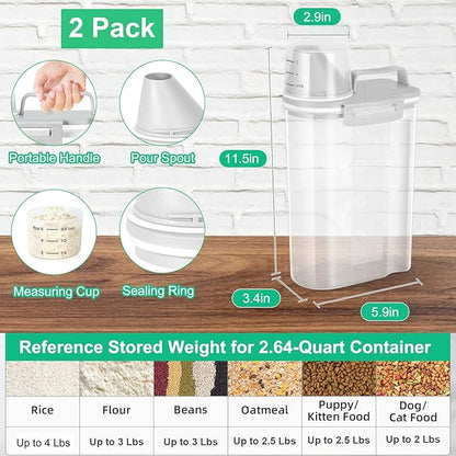 TBMax Rice Storage Container 2 Pack, Plastic Kitchen Pantry Food Storage Container with Cup, Small Pet Dog Cat Food Container Dispenser