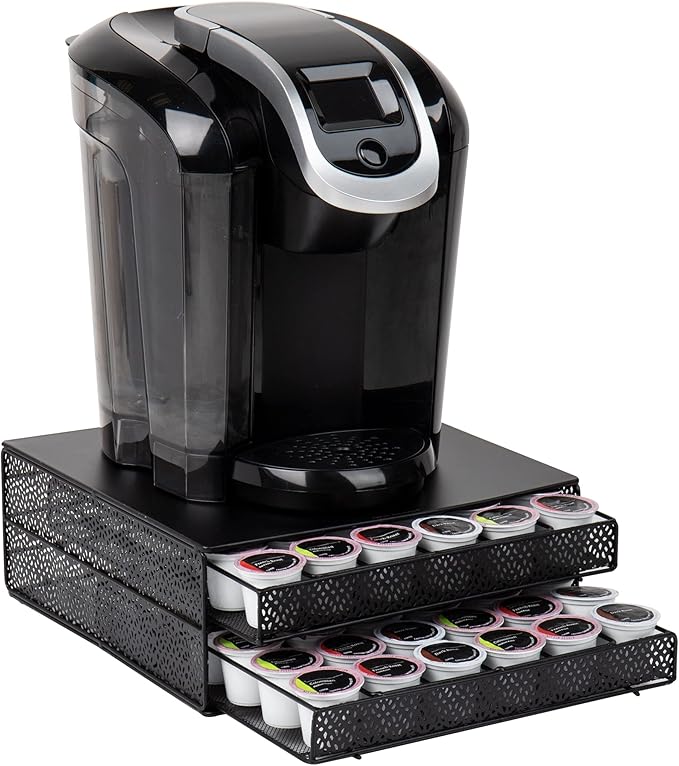 Mind Reader 2 Drawer Coffee Pod Organizer with Removable Dividers, 72 Pod Capacity, Metal Mesh Coffee Station Base with Guided Drawer Track, Black