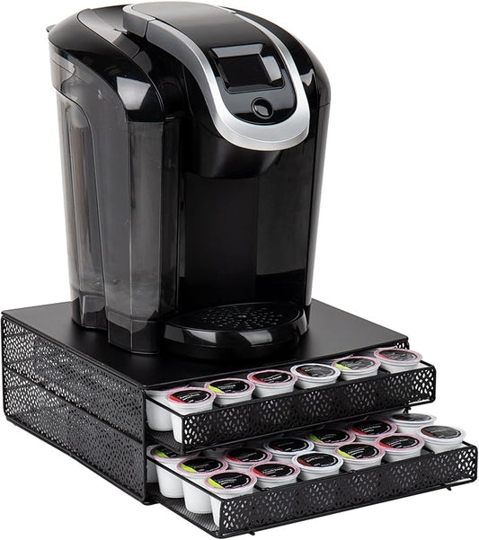 Mind Reader 2 Drawer Coffee Pod Organizer with Removable Dividers, 72 Pod Capacity, Metal Mesh Coffee Station Base with Guided Drawer Track, Black