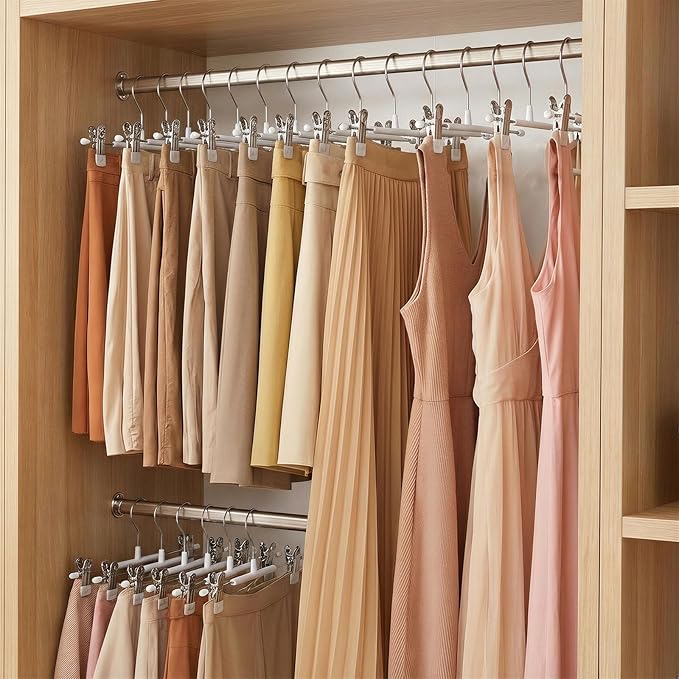 POZEAN Pants Hangers with Clips for Women 30 Pack, 12Inch Adjustable Heavy Duty Skirt Hangers, Space Saving Non-Slip Shorts Jeans Trousers Clothes Hangers, White