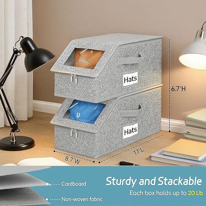 Hat Storage Box Organizer, 2-Pack, Stackable with Clear Windows, Holds 30 Baseball Caps, Grey
