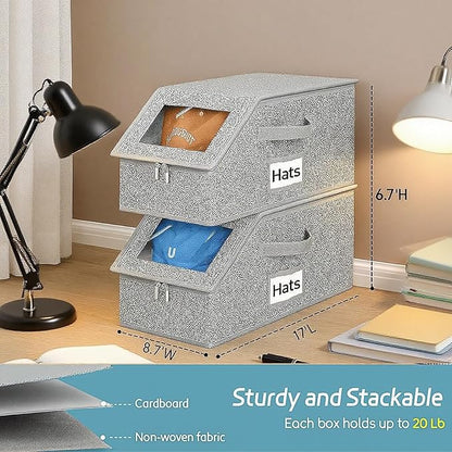Hat Storage Box Organizer, 2-Pack, Stackable with Clear Windows, Holds 30 Baseball Caps, Grey