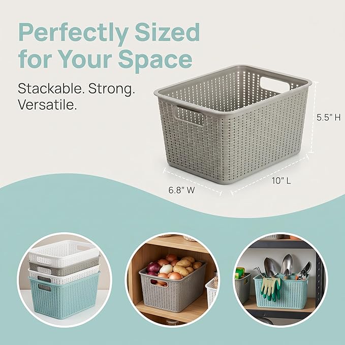WUWEOT 9 Pack Plastic Storage Basket Bins Organizer, Cabinet and Shelf Basket with Handle,10" L x 6.8" W x 5.5" H, 3 Colors