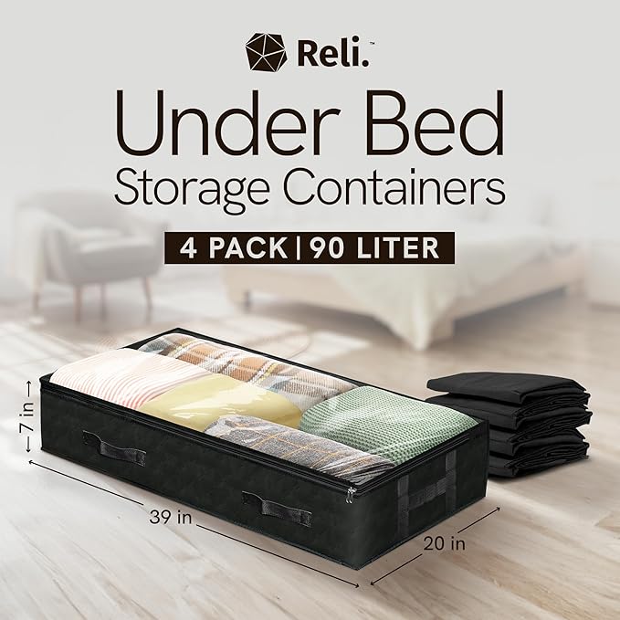 Reli. 90L Under Bed Storage Containers (4 Pack) | Closet Organizer with Clear Window | Underbed Storage Bins for Towels, Sweaters, Linens | Large Organizer for Closet (Black)