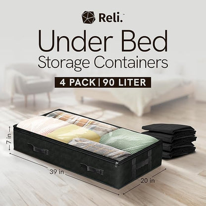 Reli. 90L Under Bed Storage Containers (4 Pack) | Closet Organizer with Clear Window | Underbed Storage Bins for Towels, Sweaters, Linens | Large Organizer for Closet (Black)