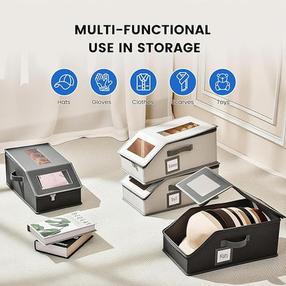 2 Pack Hat Storage for Baseball Caps, Hat Box with Clear View Window, Hat Organizer for Baseball Caps Holds 30 Caps with Cardboard for Men & Women, Ball Cap Organizer for Closet & Shelf (Dark Gray)