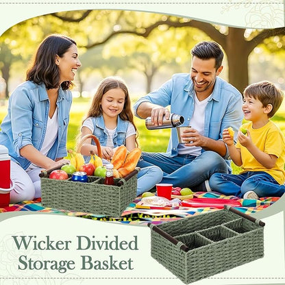 Remerry Sage Green Bathroom Countertop Organizer Caddy, Wicker-Like Divided Basket with Handle and Metal Frame, 4 Compartment, Paper Rope Storage Organizer for Vanity Kitchen (10.24 x 7.87 x 3.94 in)
