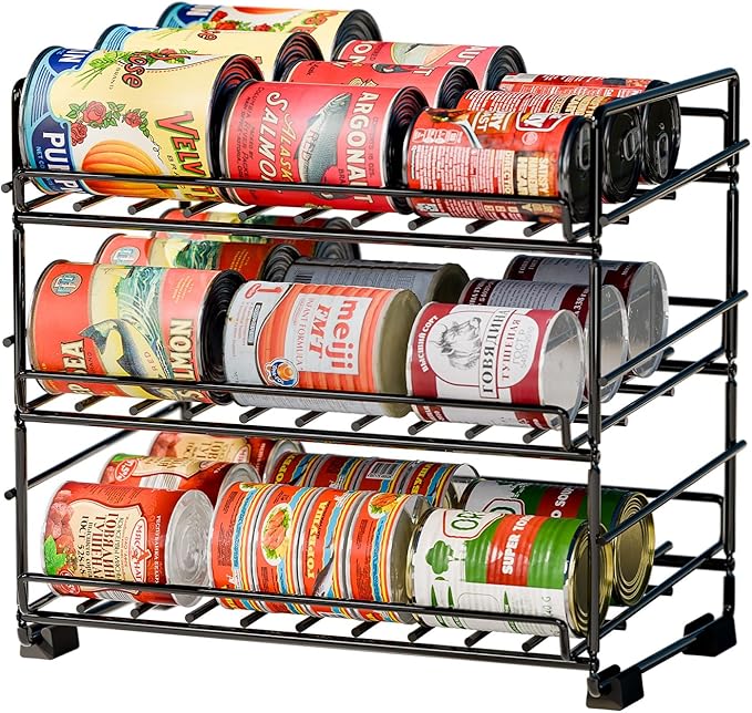SUFAUY 3 Tier Can Organizer for Pantry, Holds 36 Cans, Heavy Duty Metal Shelves for Storage, Black