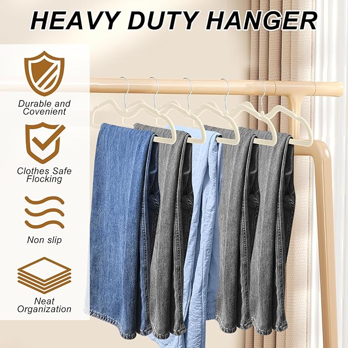 Velvet Pants Hangers Non Slip, 30 Pack Velvet Hangers for Closet with 30 Hooks, Slimline Pants Hanger, Strong Durable Space Saving Flocked Hangaers for Pants/Shirts/Bra/Shorts (Cream-M-Shape)