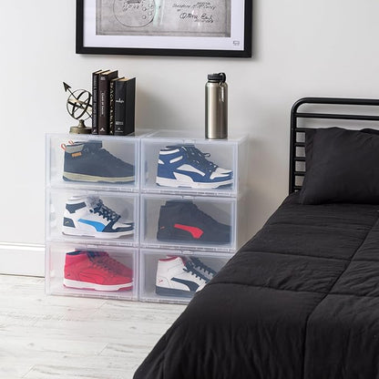 IRIS USA Stackable Shoe Display Box with Flip Up Door, 6-Pack, Sturdy Shoe Organizer Container with Side Display for High-Top Sneakers, Closet Under Bed and Entryway Storage, Clear