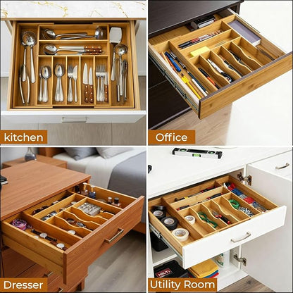 Bamboo Drawer Organizer | Expandable Silverware & Utensil Organizer for Kitchen | Flatware Cutlery Tray with Adjustable Dividers | Wooden Drawer for Knives, Spoons & Forks | Natural Bamboo