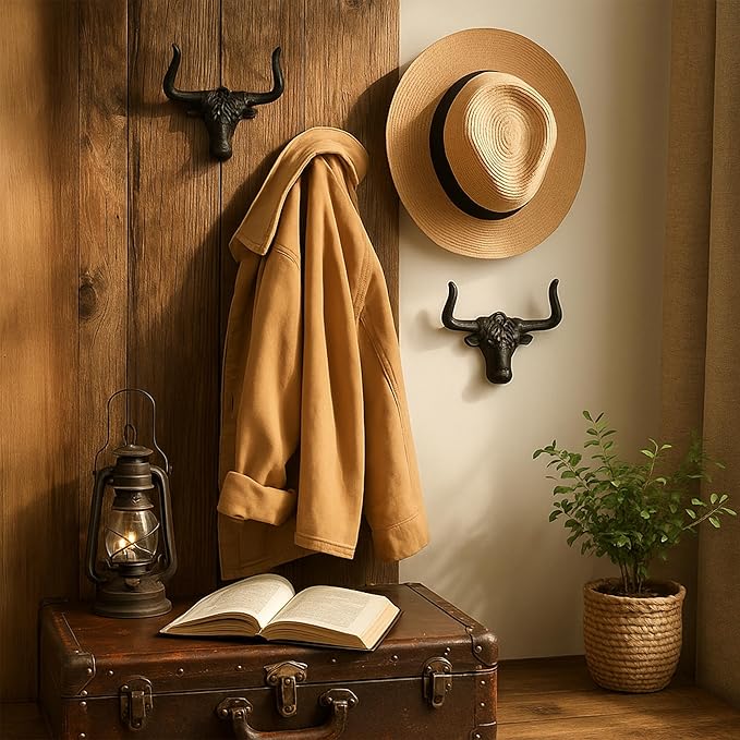 Cowboy Hat Rack for Wall - 4 Pack Cast Iron Cowboy Hat Holder,Hat Storage Organizer Hat Hooks for Wall Western Decor for Bedroom Western Gifts (Rust, 4 Pack)