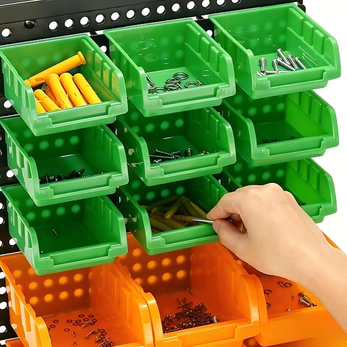 30-Bin Wall Mounted Storage Bins Kit, Tool Organizer Rack, Garage Hardware Organizer, Parts Storage Bins, DIY Combination 4 Set (Red & Green & Orange Type)