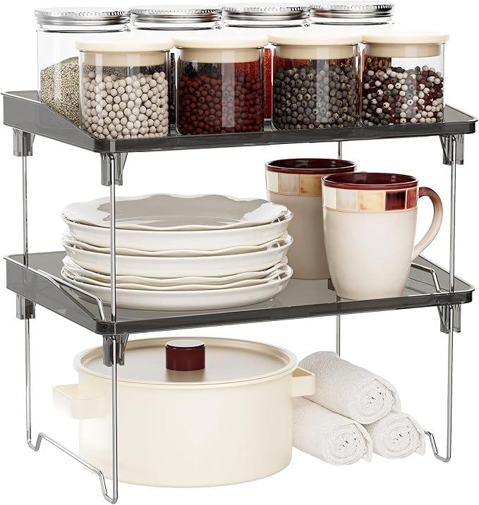 STARLATTA 2 Pcs Cabinet Organizer Shelf，Stackable Kitchen Counter Shelves, Spice Rack,Countertop Organizers，Black Plastic Storage Shelves Rack for Makeup，Bathroom, Cupboard，Desk，Pantry Organization