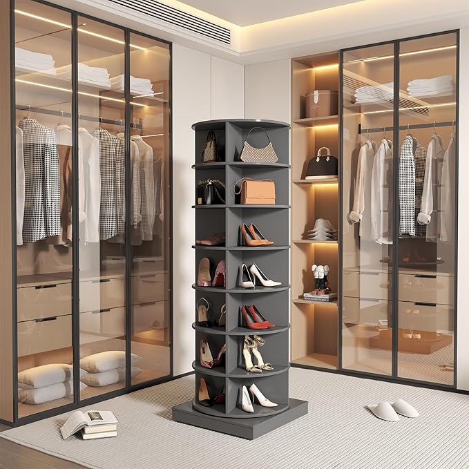 7-Tier Rotating Shoe Rack Tower, 360 Spinning Shoe Rack, Modern Free Standing Spinning Shoe Organizer, Rotating Lazy Susan Shoe Racks for Entryway Doorway, Holds Up to 28 Pairs of Shoes(Grey)