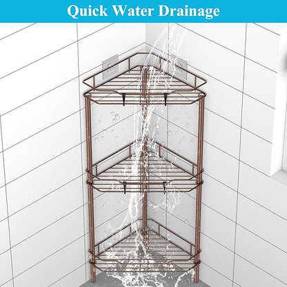 HuggieGems 3 Tier Floor Standing Corner Shower Caddy Organizer Shelf with Hooks, Bathroom Shelves Stand Rack, Coffee