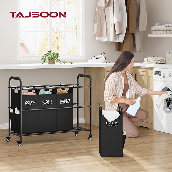 Tajsoon 4 Bag Laundry Sorter Cart, 4 Section Laundry Hamper Sorter with Heavy Duty Lockable Rolling Wheels, Laundry Separator Hamper with Removable Bags for Dirty Clothes Storage, Black