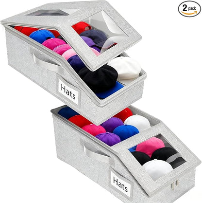 2-Pack Stackable Hat Organizer for Closet, Holds 30+ Baseball Caps, Clear Window View with Sturdy Cardboard Inserts, Snapback Hat Box Storage for Men & Women (Grey)