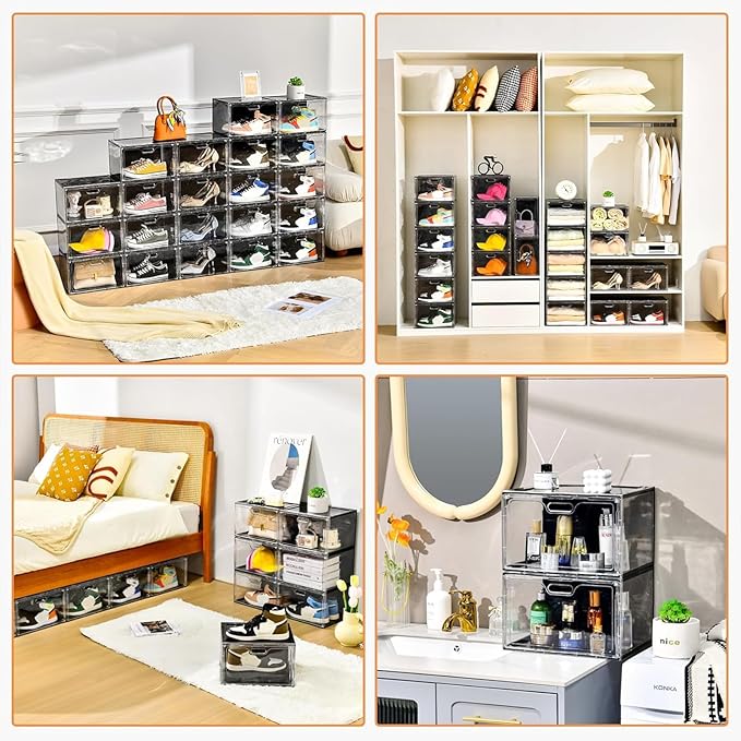 Amllas New 8 Pack Shoe Boxes Stackable, Large Shoe Storage Organizer with Lids,Drop Side Shoe Containers for Entryway,Sneaker Storage Fit up to US Size 13 for Men/Women(13’’x 10.6”x 8.3”)