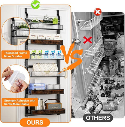 6 Tier Pantry Door Organizer Spice Rack, 2-IN-1 Wall Mount or Hanging Over Door Seasoning Organizer with Adjustable Baskets, Heavy Duty Behind Door Storage Shelves for Pantry, Cabinet and Kitchen