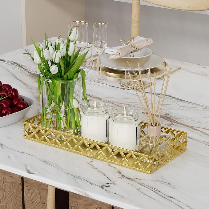 Bathroom Vanity Tray for Counter Organizer - 11 Inch Small Decorative Tray Gold Rectangle Countertop Tray for Perfume Makeup Cosmetic Jewelry