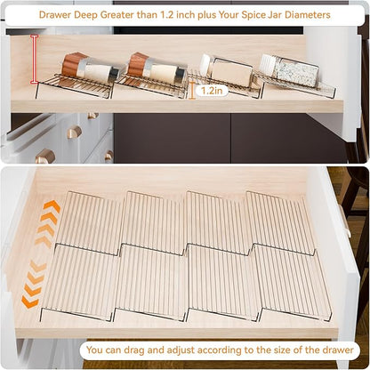 Yieach 8 Pack Adjustable Narrow In Drawer Spice Organizer - Expandable From 9'' to 17.7'' - Acrylic Drawer Seasoning Organizer,Clear Spice Drawer Insert Tray for Drawers Condiment,Jar Organization