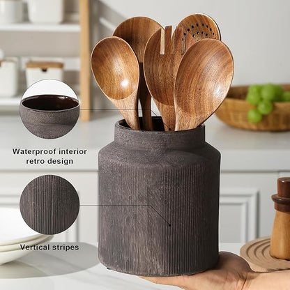 Farmhouse Ceramic Farmhouse Kitchen Utensil Holder for Countertop, Rustic Cooking Utensil Holder Crock Fit for Kitchen Counter. 6.1 x 6.1 x 7 IN