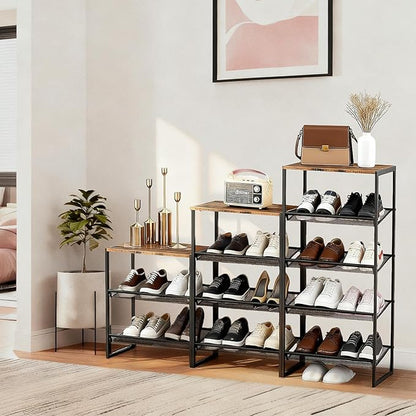 4 Tier Metal Shoe Rack, Sturdy Steel Frame with Rust-Proof Coating, MDF Top, Adjustable Flat Inclined Mesh Shelves, Anti-Tip Scratch-Resistant Feet, Sleek Show Rack for Entryway, Hallway, Garage