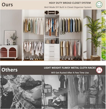 5–9FT Closet System with 3 Wood Drawers, Closet Organizer System with 5 Expandable Hanging Rods, Walk-in Closet System with Shelves, Wall Mounted Built-in Closet Organization System