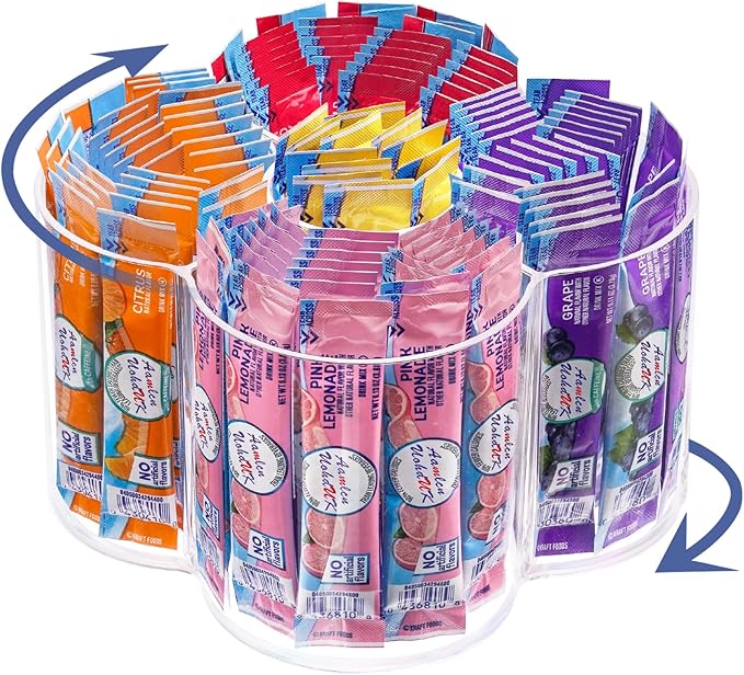 Drink Packet Organizer, 360 Degrees Rotating Acrylic Lazy Susan Organizer for Powdered Drink Mix Powder Packet, Water Flavor Packet Holder for Kitchen Pantry Storage, 5-Section