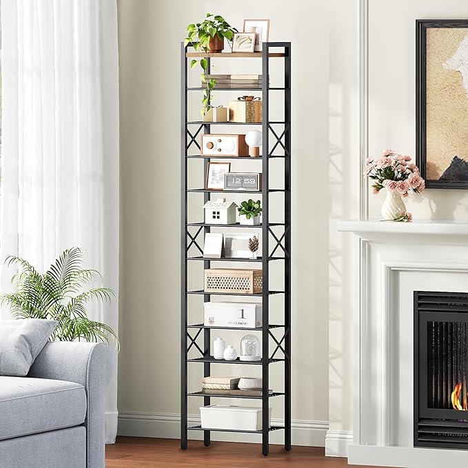 YATINEY 12-Tier Narrow Shoe Rack, Tall Shoe Rack for 12-24 Pairs, Slim Shoe Storage Organizer with Wooden Top, Space Saving, Metal Frame, for Entryway, Rustic Brown and Black SS61BR