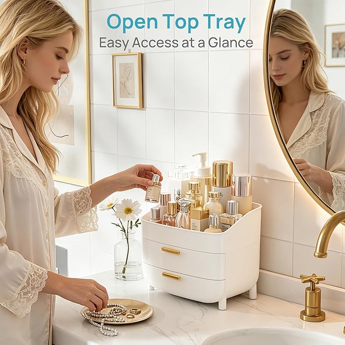 Vtopmart 3-Tier Skincare Makeup Organizer with Drawers for Vanity and Bathroom Countertop, Large Cosmetic Storage Box Case for Dresser, with Non-Slip Base