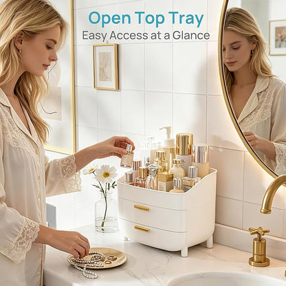 Vtopmart 3-Tier Skincare Makeup Organizer with Drawers for Vanity and Bathroom Countertop, Large Cosmetic Storage Box Case for Dresser, with Non-Slip Base