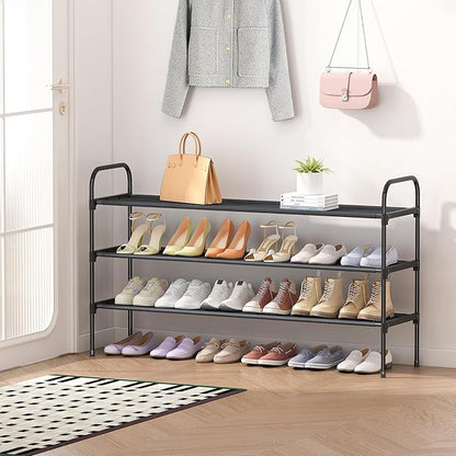 HITHIM 3 Tier Long Shoe Rack for Closet, Screw Fastened Plastic Connector Shoe Storage Organizer, Non-Woven Fabric Metal Shoe Shelf, Holds 24-28 Pairs for Entryway, Front Door Entrance, Bedroom