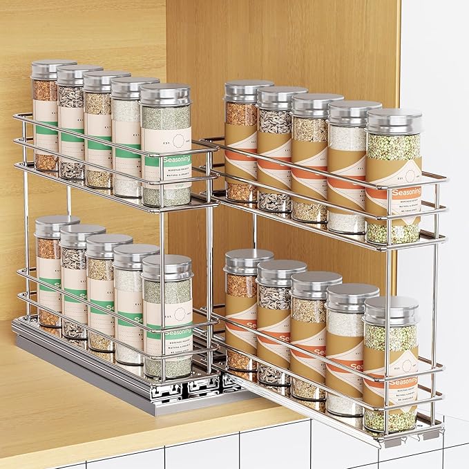 Mystozer Pull Out Spice Rack Organizer for Cabinet, Slide Out Spice Racks, Easy to Install Spice Cabinet Organizers, 5.28" Wx10.43 Dx8.26 H, 2 Drawers 2 Tiers(Silver)