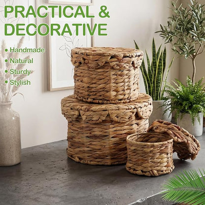 Newtay Set of 3 Scalloped Wicker Storage Baskets with Lid Round Rattan Woven Basket 11'' 8.7'' 6.3'' Natural Water Hyacinth Decorative Boxes for Organizing Nursery Home Closet Shelf Decors, 3 Sizes