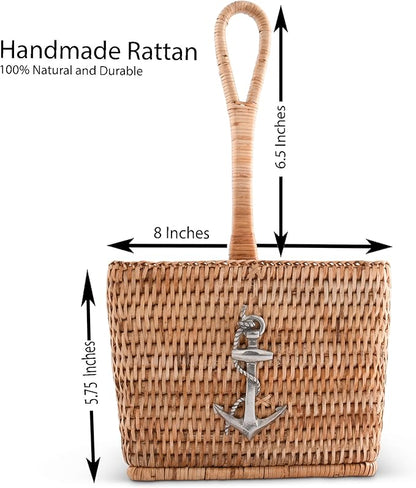Vagabond House Coastal Woven Rattan Silverware Organizer, Natural Eco-Friendly 4-Compartment Kitchen Storage, Designer Wicker Utensil Holder for Beach House, Picnic, Party, Desk Outdoors