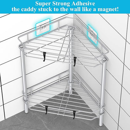HuggieGems 2 Tier Floor Standing Corner Shower Caddy Organizer Shelf with Hooks, Bathroom Shelves Stand Rack, Silver