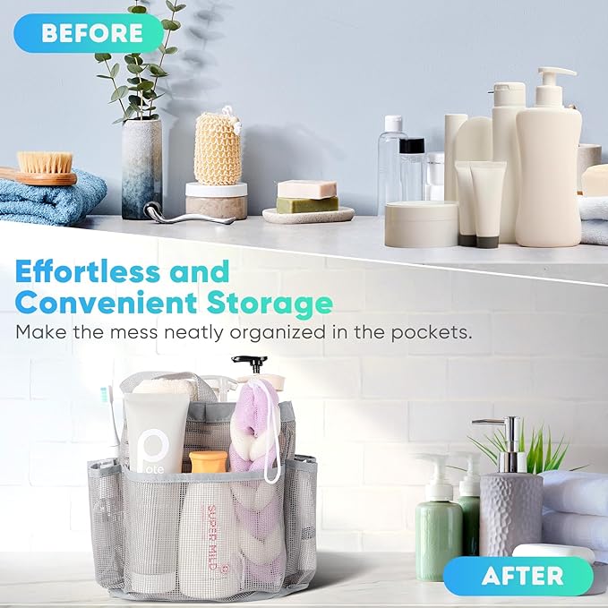 EUDELE 2 Pack Mesh Shower Caddy Portable for College Dorm Room Essentials, Shower Caddy Dorm with 8-Pocket Large Capacity,Shower Bag for Beach,Swimming,Gym All Black+All Grey