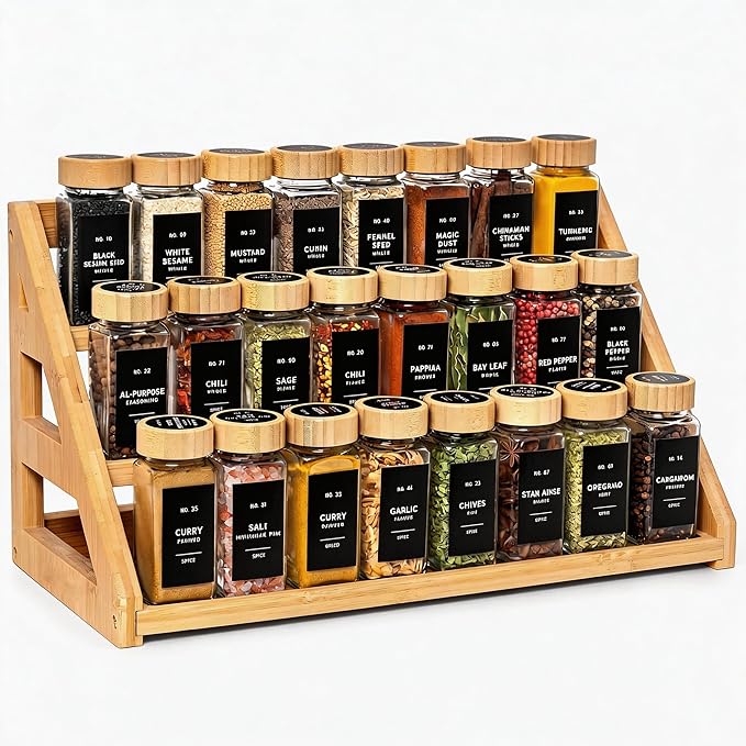 Bamboo Spice Rack - 3 Tier Spices Rack Kitchen Cabinet Organizer for Kitchen, Countertop Seasoning Storage Organizer Shelf.