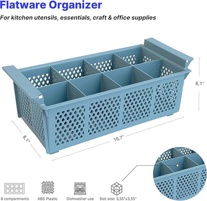 Flatware Rack – 8-slot Plastic Cutlery Basket – Large 16" Organizer for Knives, Forks, Spoons, Silverware, Kitchen Utensils, Essentials, Craft & Office Supplies – Dishwasher Basket