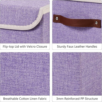 Storage Bins Box with Lids Decorative Cotton Linen Fabric Baskets Cubes with Handles PP Plastic Board Foldable Washable Lidded Clothing Shelf Closet Organizer Container (Purple, Small)